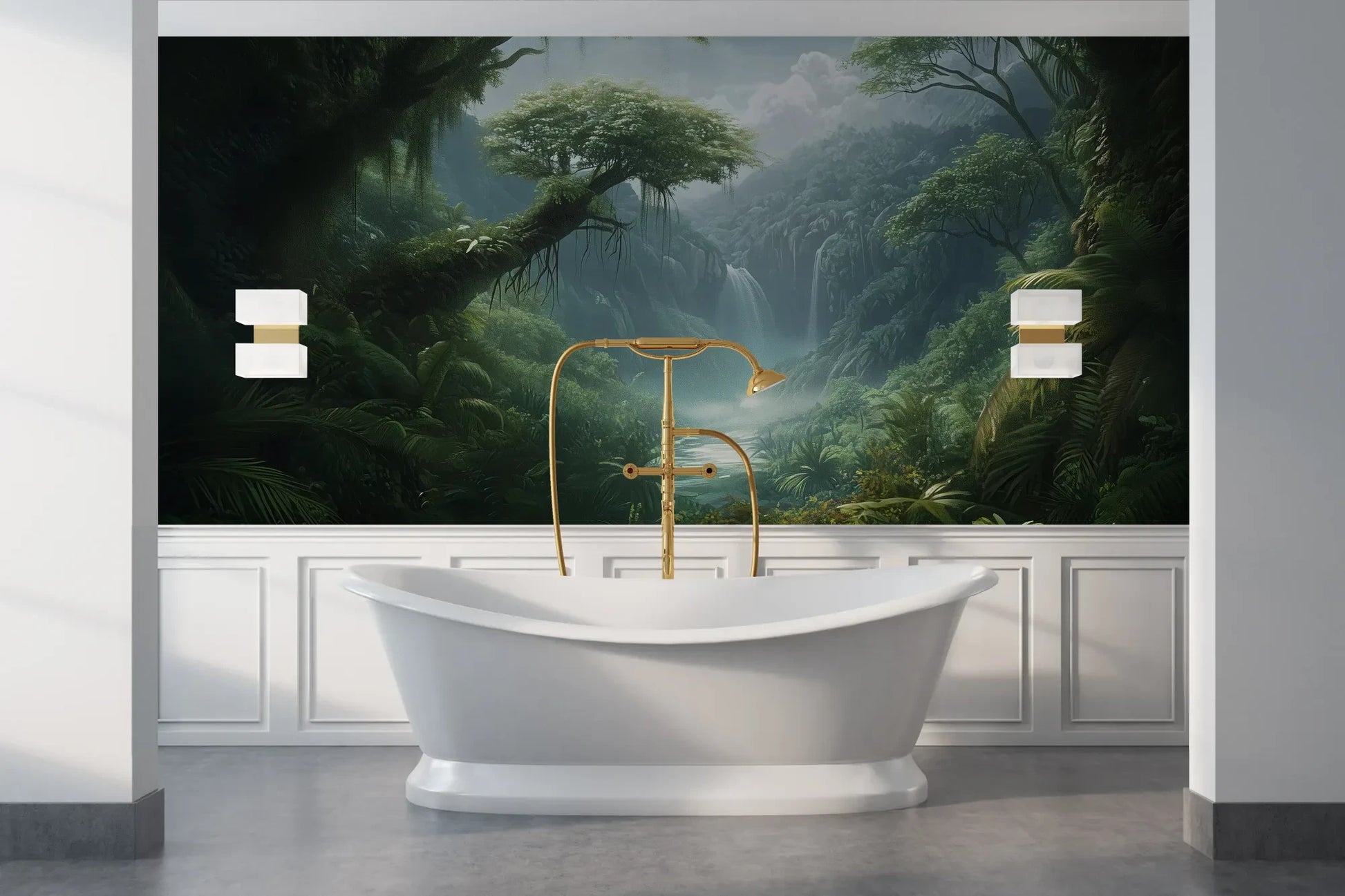 Wzór fototapety CRYSTAL FALLS - tapeta z mistycznym wodospadem w tropikalnej dżungli pokazanej w aranżacji łazienki.
