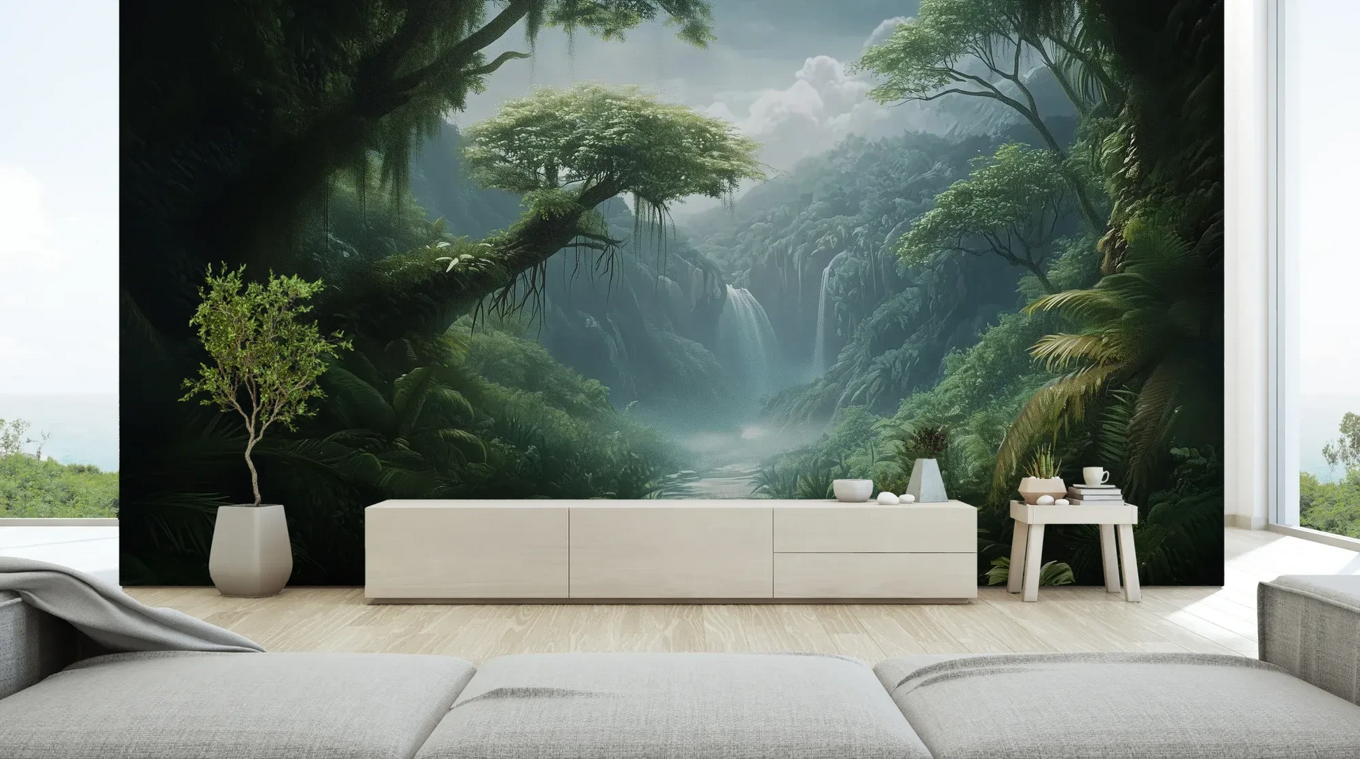 Wzór fototapety CRYSTAL FALLS - tapeta z mistycznym wodospadem w tropikalnej dżungli pokazanej w aranżacji salonu.