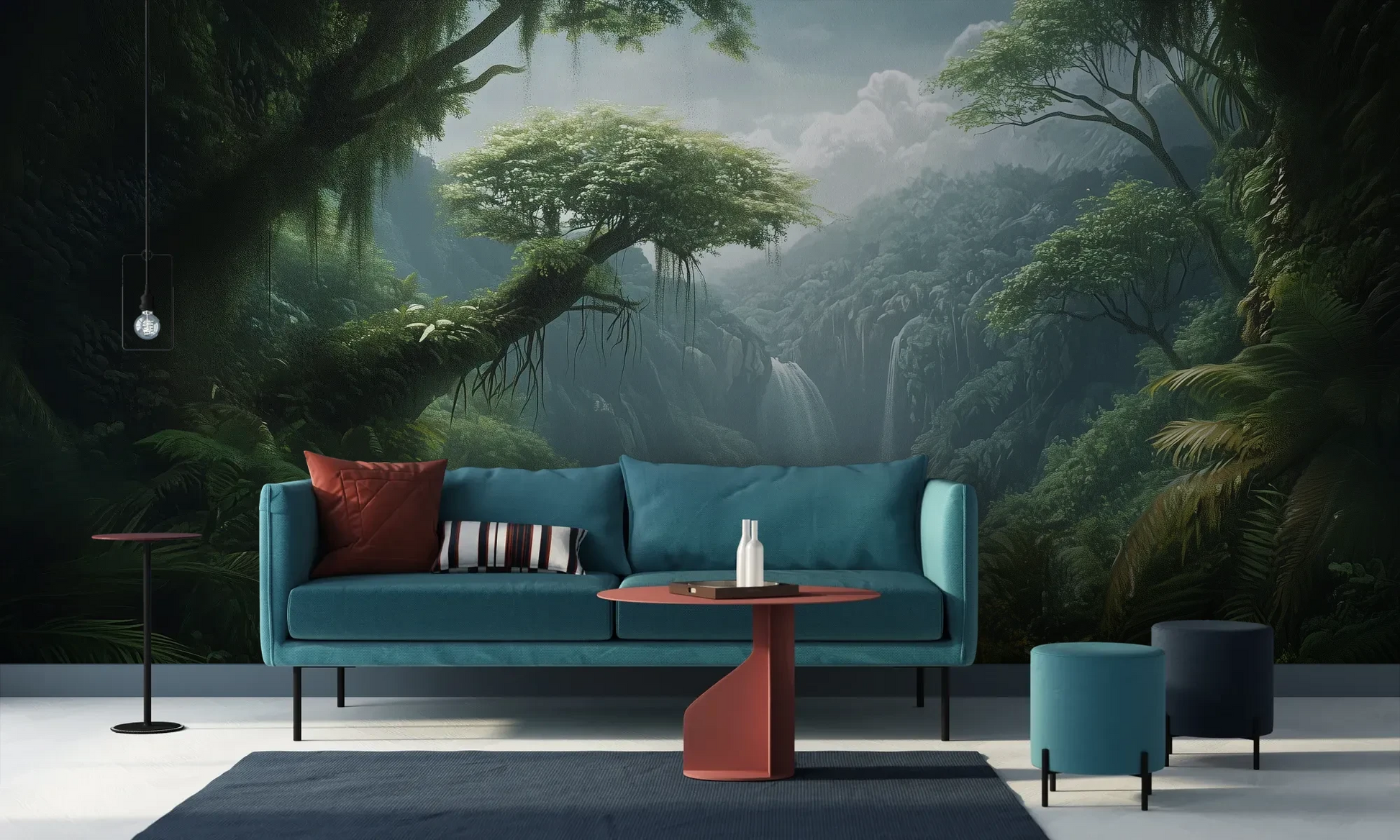 Wzór fototapety CRYSTAL FALLS - tapeta z mistycznym wodospadem w tropikalnej dżungli pokazanej w aranżacji salonu.