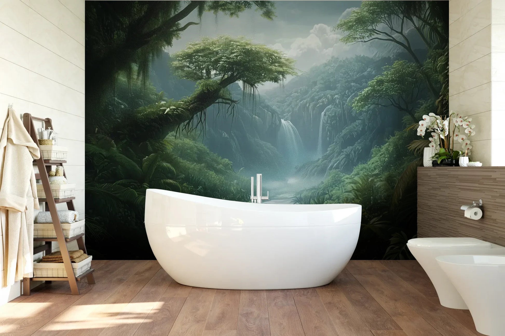 Wzór fototapety CRYSTAL FALLS - tapeta z mistycznym wodospadem w tropikalnej dżungli pokazanej w aranżacji łazienki.