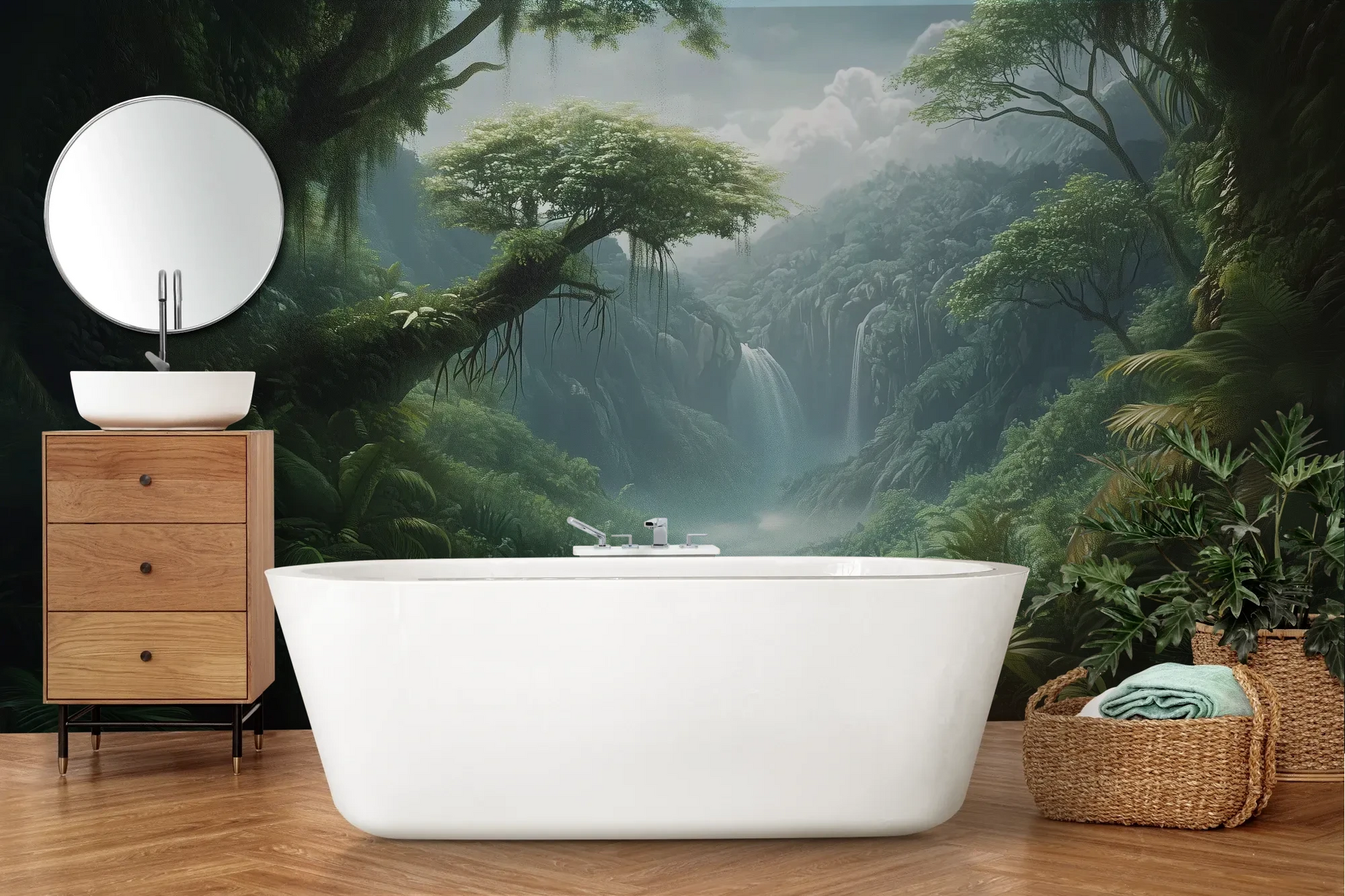 Wzór fototapety CRYSTAL FALLS - tapeta z mistycznym wodospadem w tropikalnej dżungli pokazanej w aranżacji łazienki.