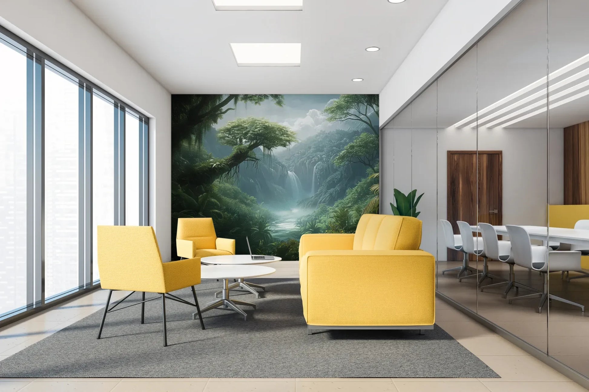 Fototapeta CRYSTAL FALLS - tapeta z mistycznym wodospadem w tropikalnej dżungli w aranżacji wnętrza.