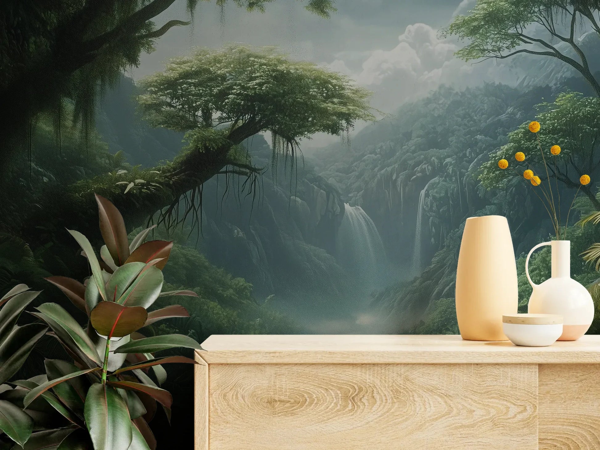 Fototapeta CRYSTAL FALLS - tapeta z mistycznym wodospadem w tropikalnej dżungli pokazana w aranżacji wnętrza z akcentem na ścianie.