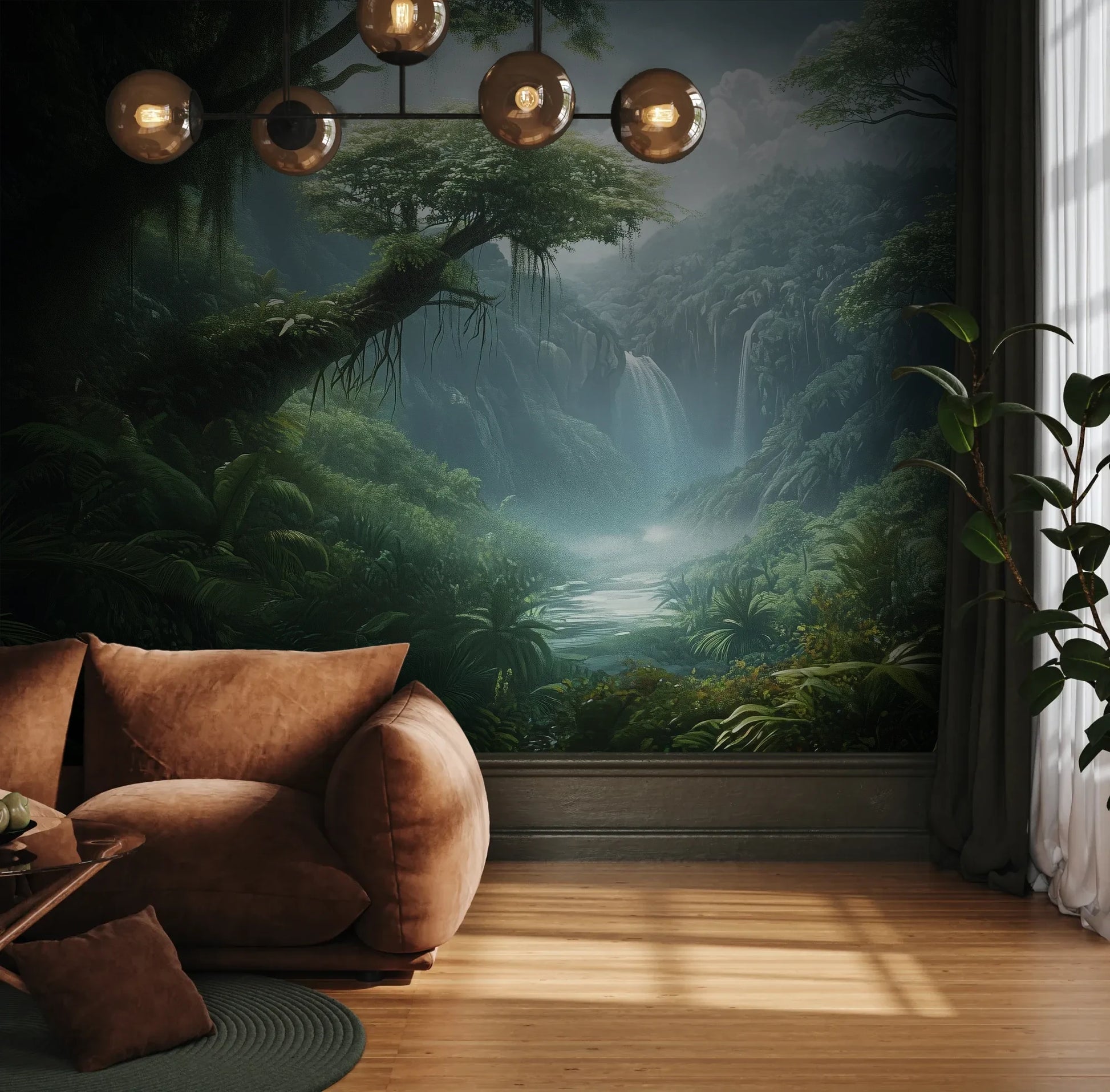 Fototapeta CRYSTAL FALLS - tapeta z mistycznym wodospadem w tropikalnej dżungli pokazana w aranżacji wnętrza z akcentem na ścianie.