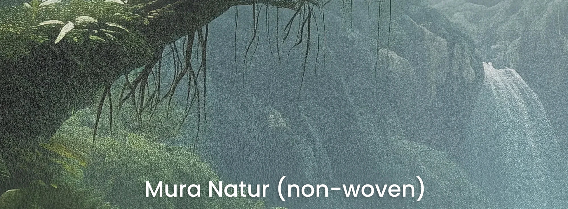 Zbliżenie na fototapetę CRYSTAL FALLS - tapeta z mistycznym wodospadem w tropikalnej dżungli na naturalnym podłożu ekologicznym.