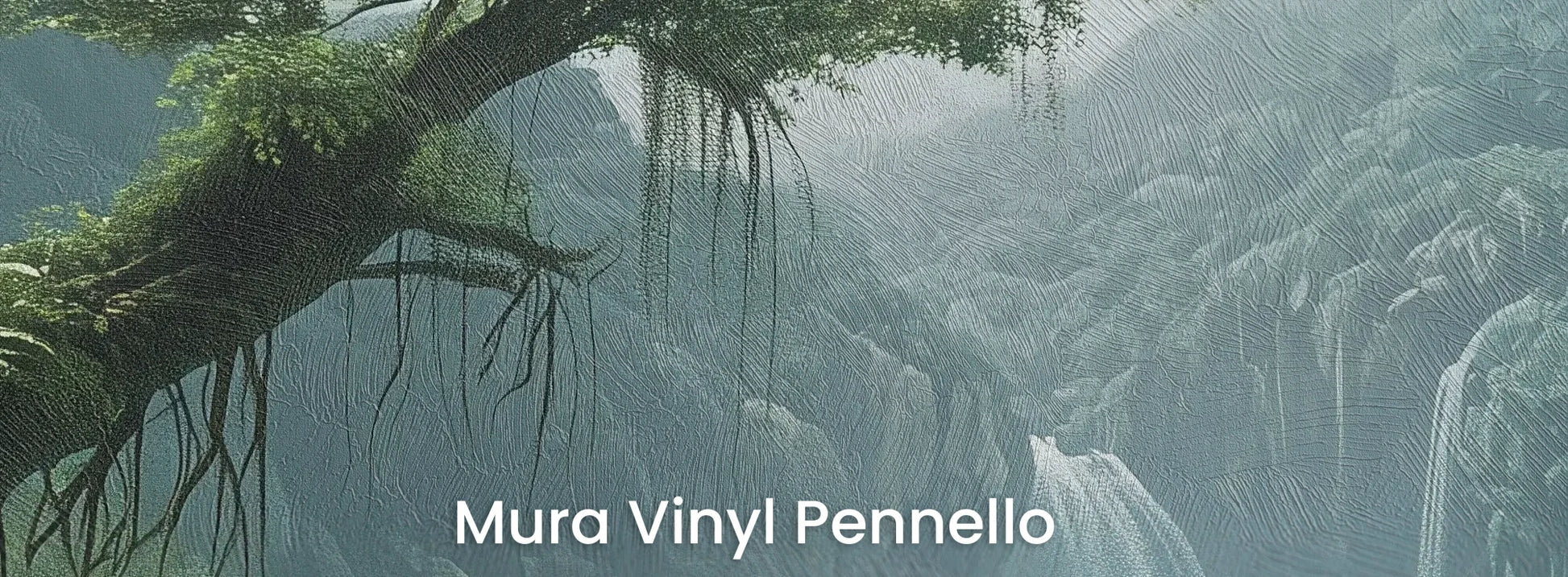 Zbliżenie na fototapetę CRYSTAL FALLS - tapeta z mistycznym wodospadem w tropikalnej dżungli na podłożu o fakturze pociągnięć pędzla.