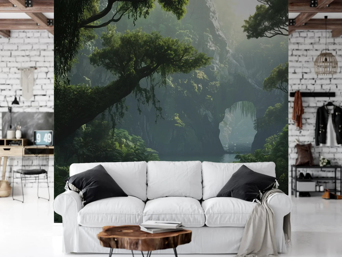 Wzór fototapety MYSTIC PATHWAY - tapeta z mglistą ścieżką w tropikalnym lesie pokazanej w aranżacji salonu.