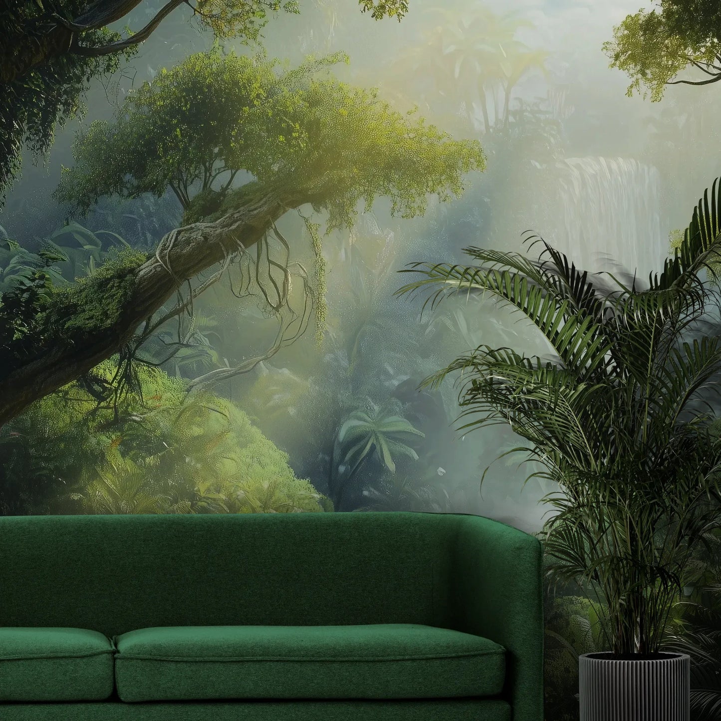 Fototapeta MYSTICAL RAYS - tapeta z mglistą dżunglą w promieniach słońca pokazana w aranżacji wnętrza z akcentem na ścianie.