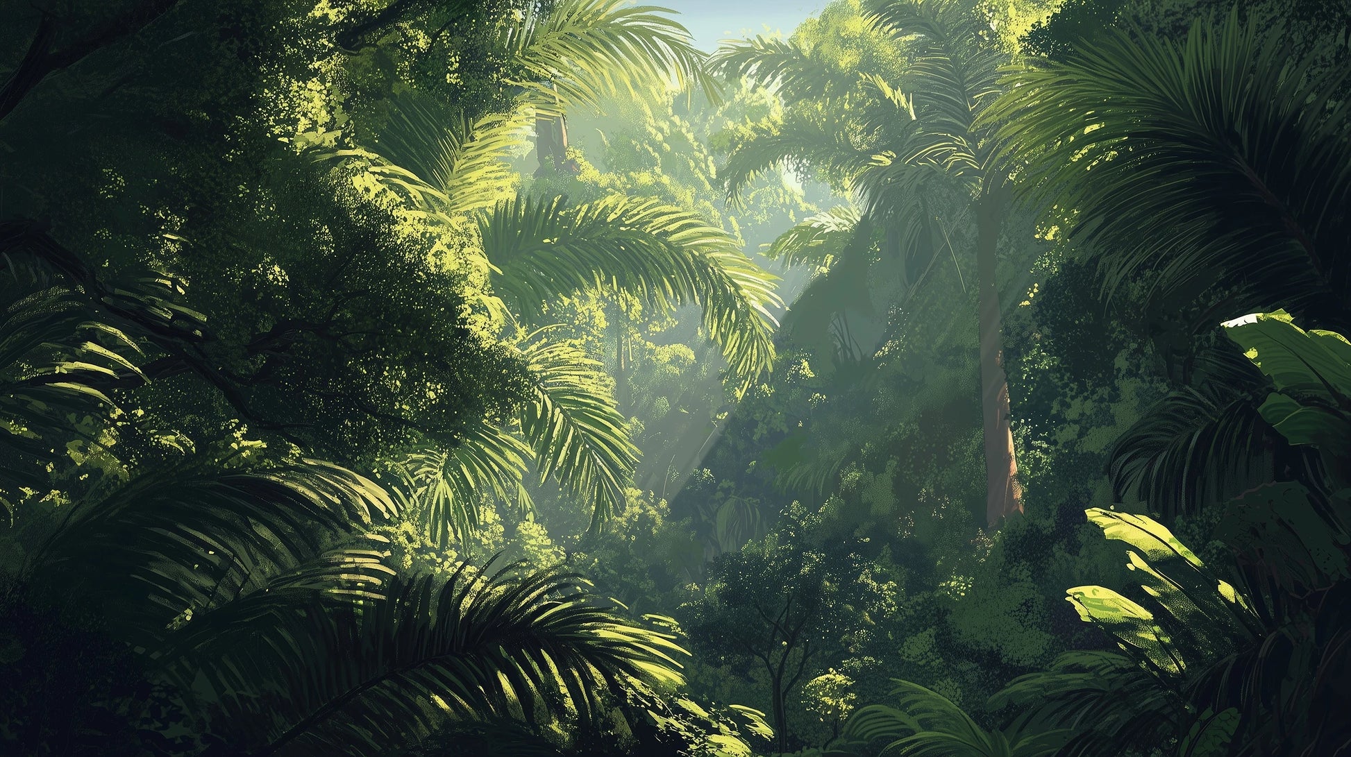 Prezentacja całego wzoru fototapety o nazwie EMERALD SANCTUARY - tapeta z tropikalnym lasem w mistycznej poświacie