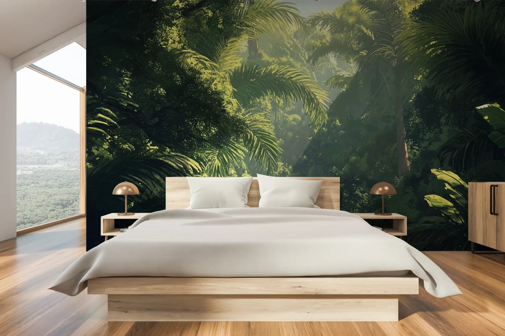 Wzór fototapety EMERALD SANCTUARY - tapeta z tropikalnym lasem w mistycznej poświacie pokazanej w aranżacji sypialni.