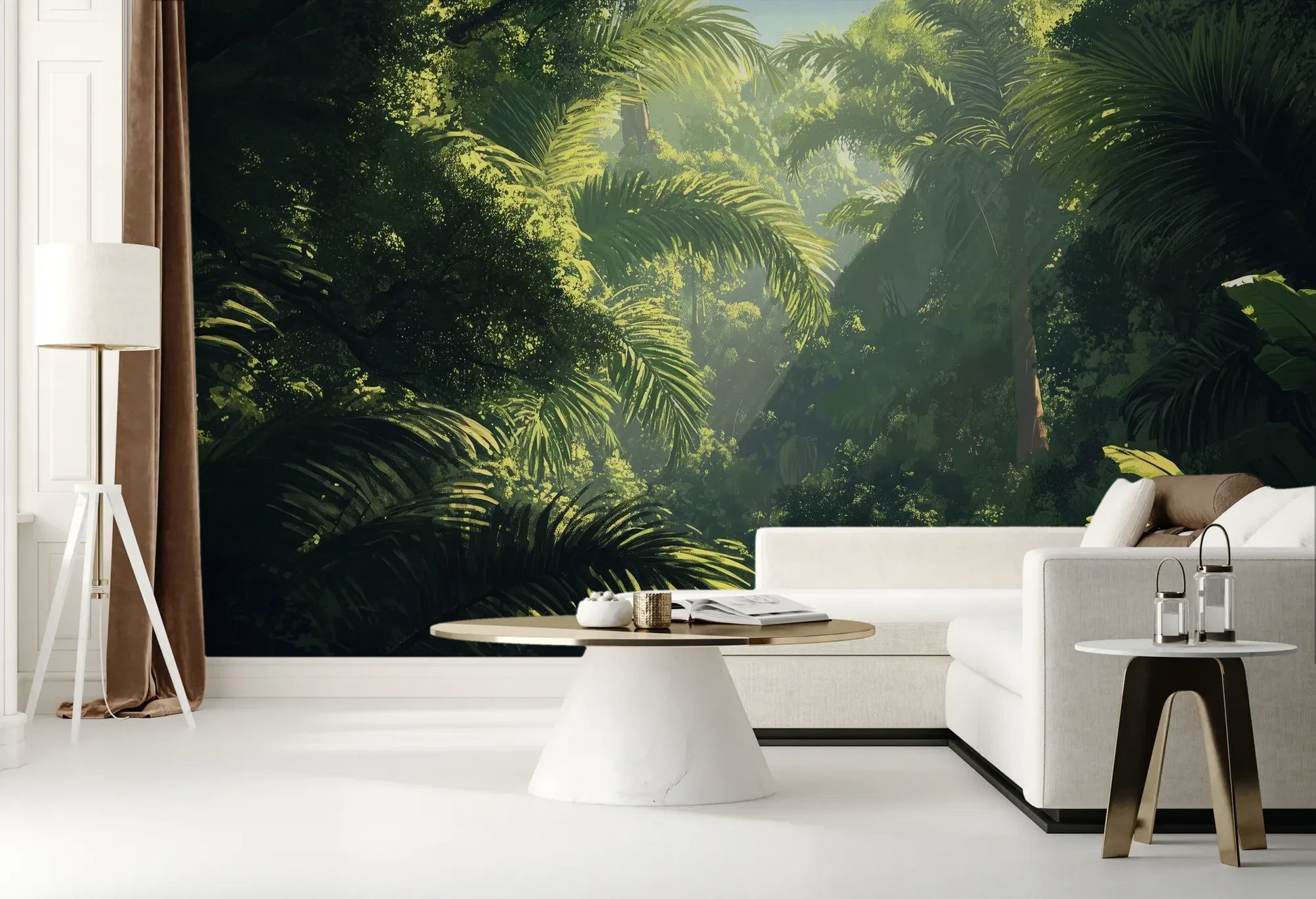 Wzór fototapety EMERALD SANCTUARY - tapeta z tropikalnym lasem w mistycznej poświacie pokazanej w aranżacji salonu.