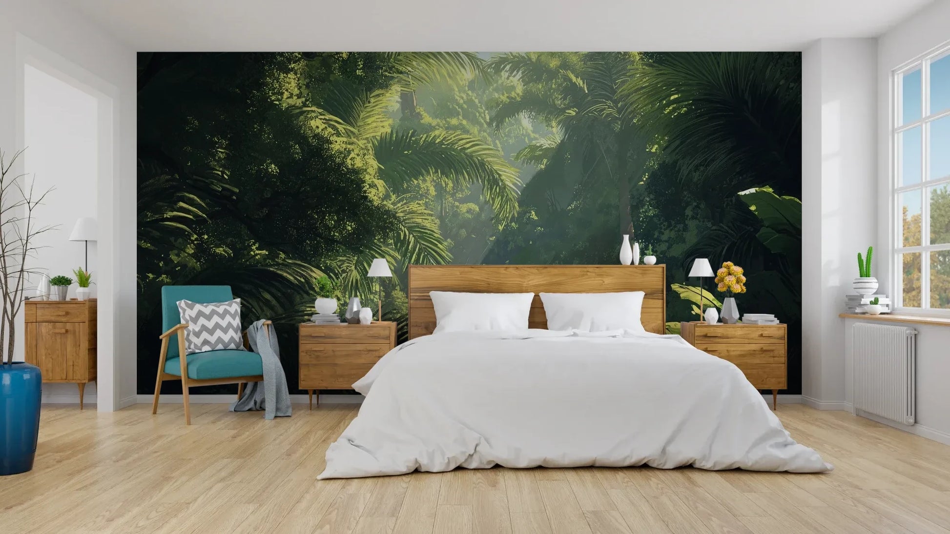 Wzór fototapety EMERALD SANCTUARY - tapeta z tropikalnym lasem w mistycznej poświacie pokazanej w aranżacji sypialni.
