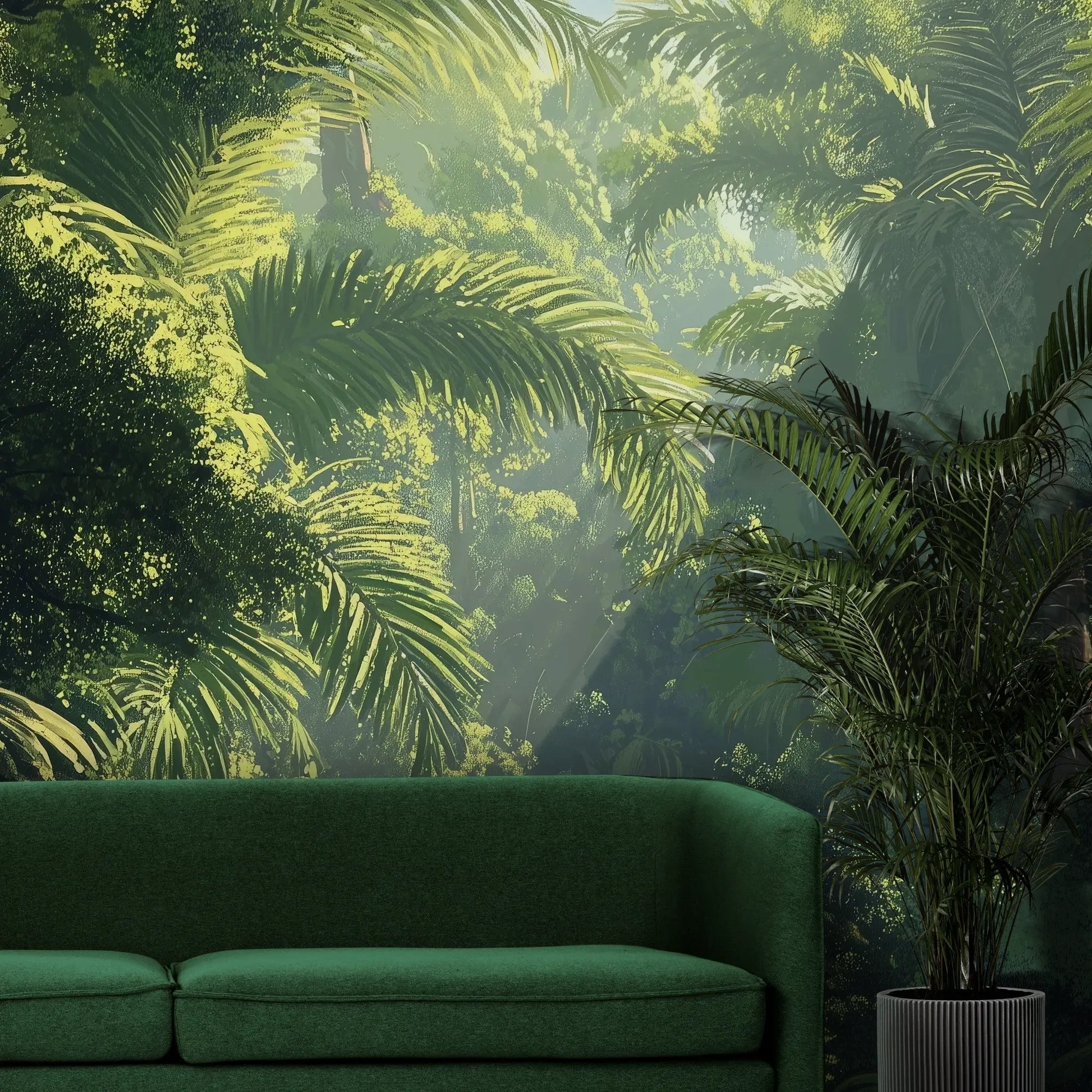 Fototapeta EMERALD SANCTUARY - tapeta z tropikalnym lasem w mistycznej poświacie pokazana w aranżacji wnętrza z akcentem na ścianie.