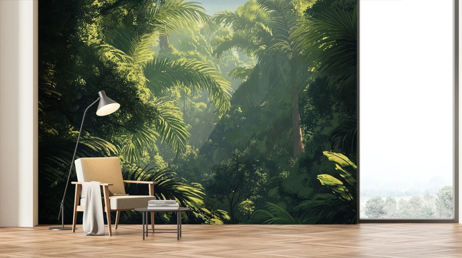 Wzór fototapety EMERALD SANCTUARY - tapeta z tropikalnym lasem w mistycznej poświacie pokazanej w aranżacji salonu.
