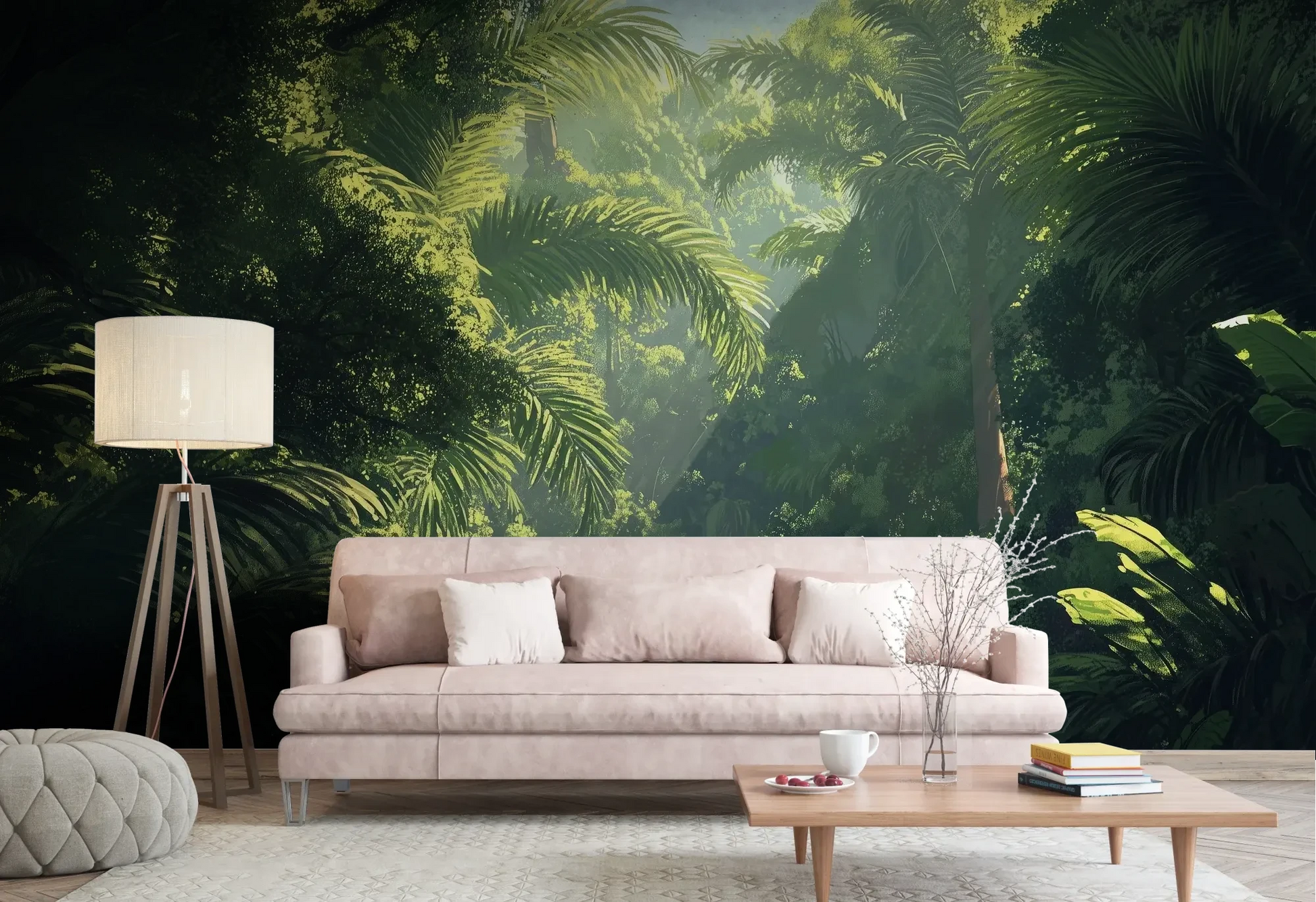 Wzór fototapety EMERALD SANCTUARY - tapeta z tropikalnym lasem w mistycznej poświacie pokazanej w aranżacji salonu.