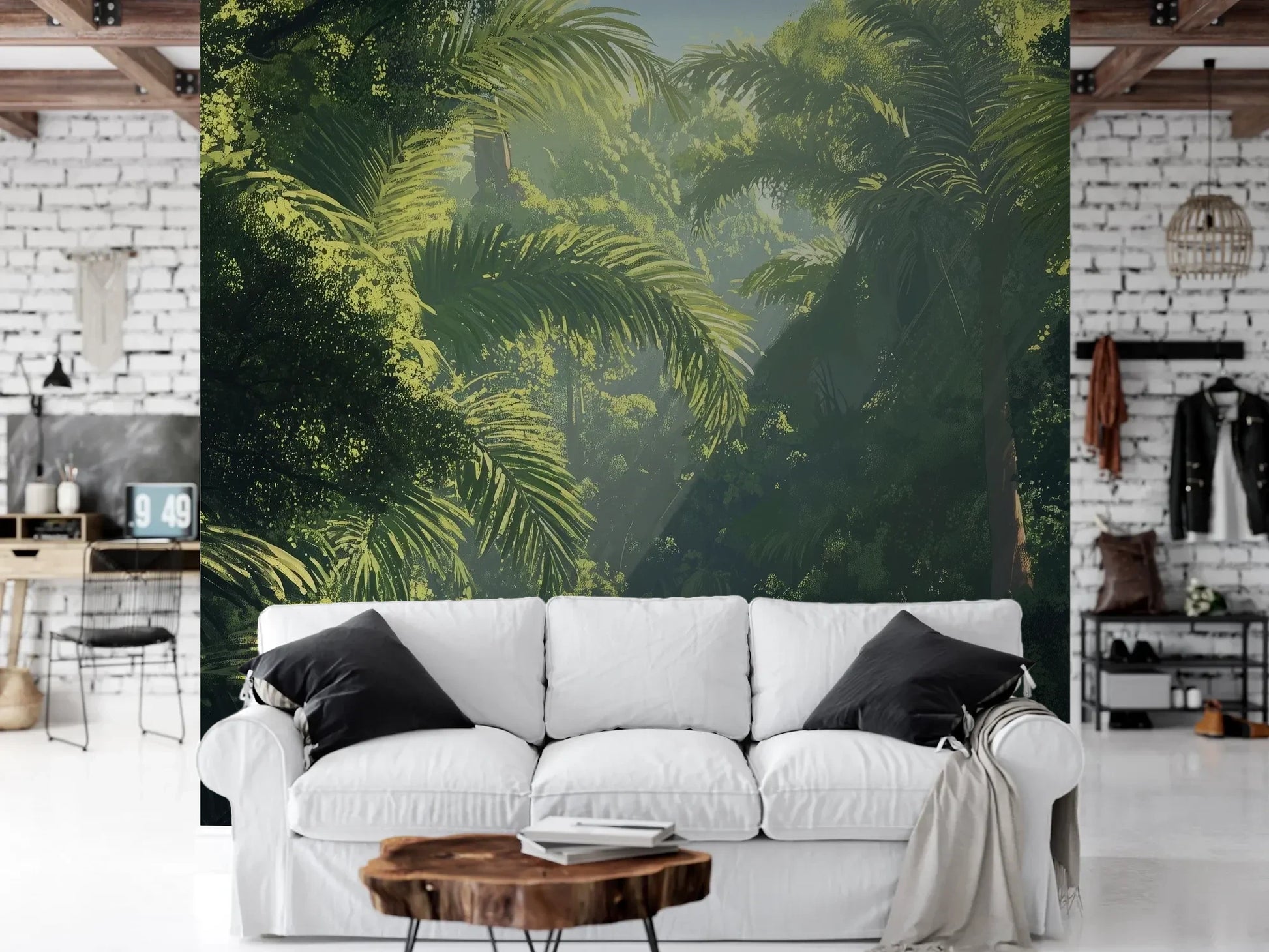 Wzór fototapety EMERALD SANCTUARY - tapeta z tropikalnym lasem w mistycznej poświacie pokazanej w aranżacji salonu.