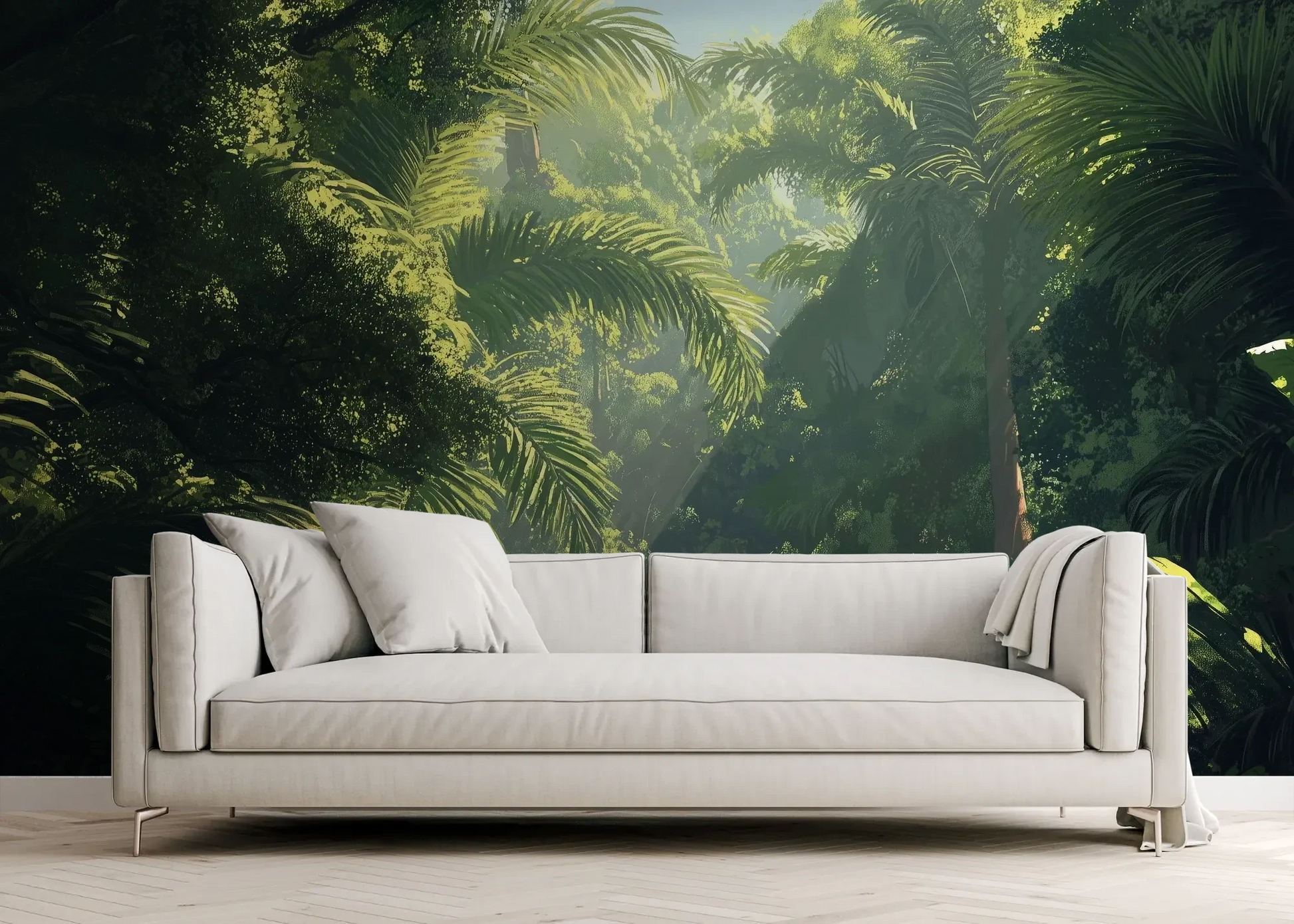 Wzór fototapety EMERALD SANCTUARY - tapeta z tropikalnym lasem w mistycznej poświacie pokazanej w aranżacji salonu.