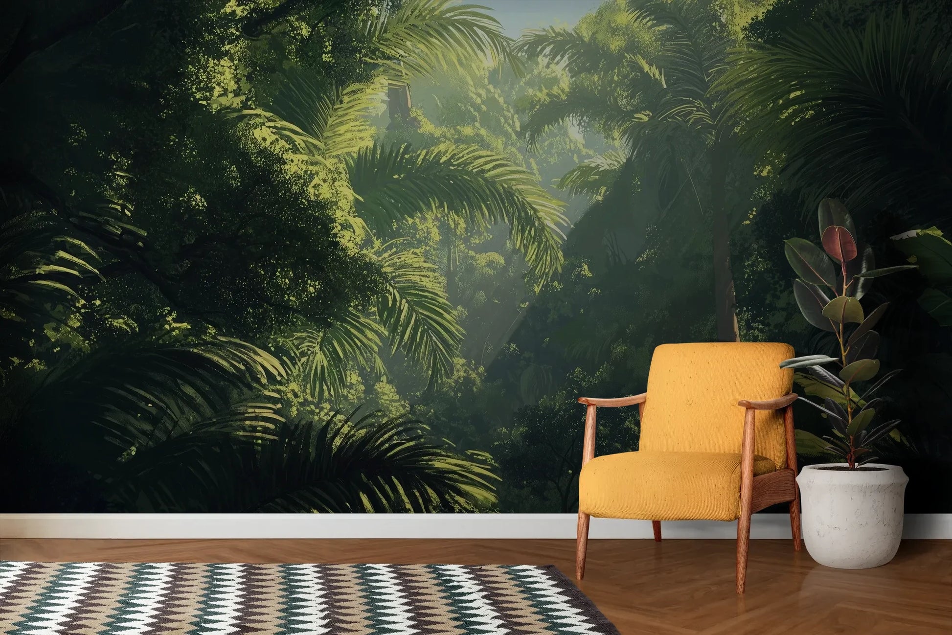 Wzór fototapety EMERALD SANCTUARY - tapeta z tropikalnym lasem w mistycznej poświacie pokazanej w aranżacji salonu.