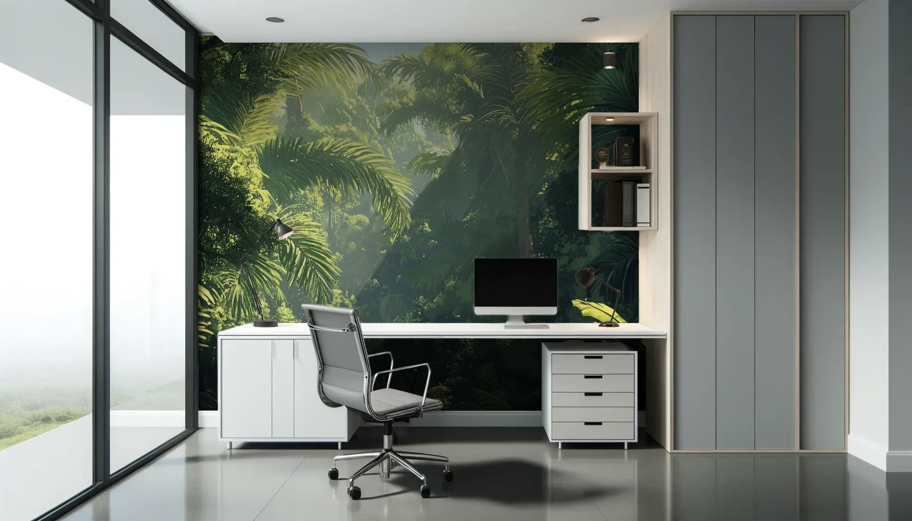 Fototapeta EMERALD SANCTUARY - tapeta z tropikalnym lasem w mistycznej poświacie pokazana w aranżacji biura.