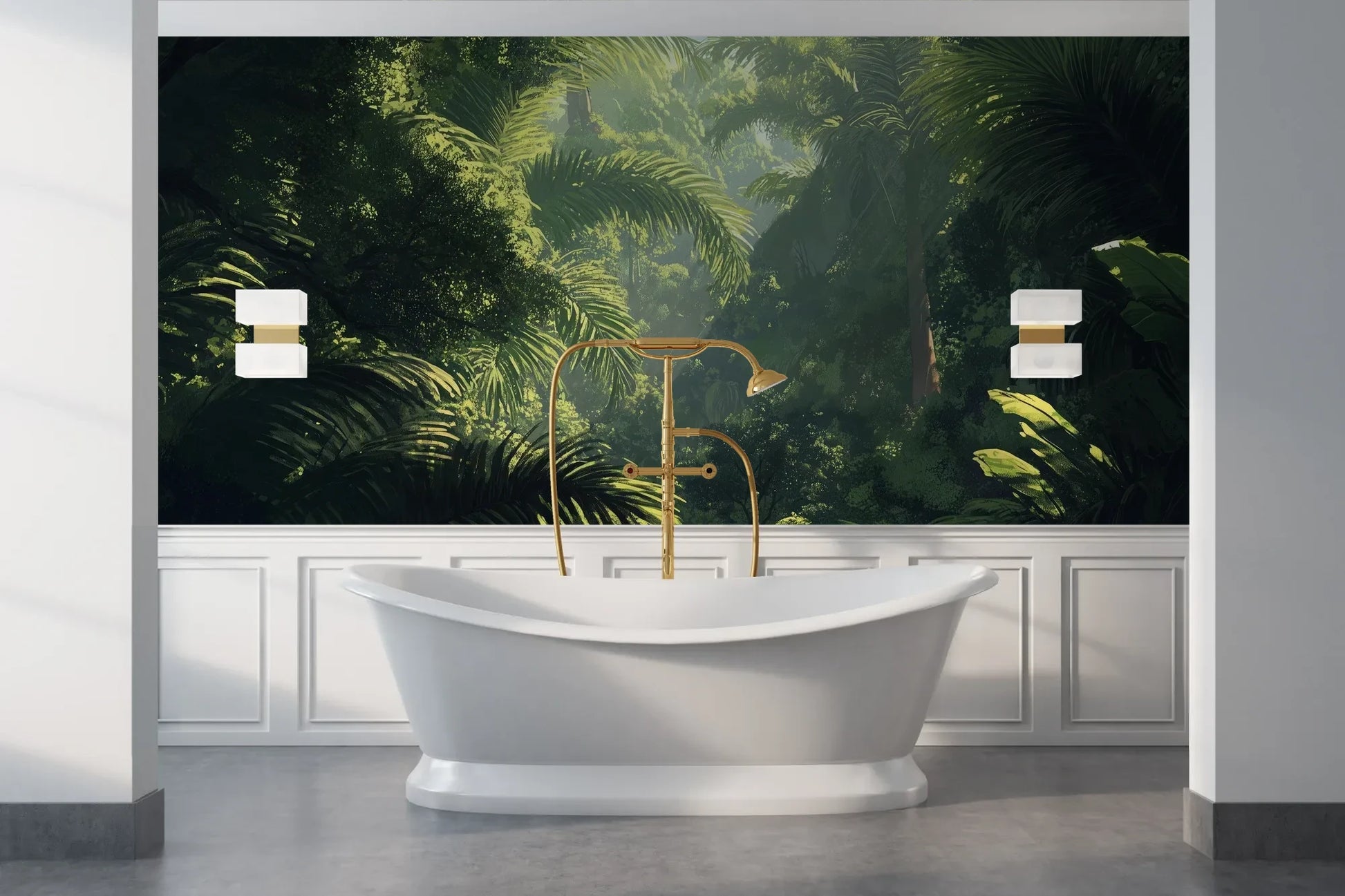 Wzór fototapety EMERALD SANCTUARY - tapeta z tropikalnym lasem w mistycznej poświacie pokazanej w aranżacji łazienki.