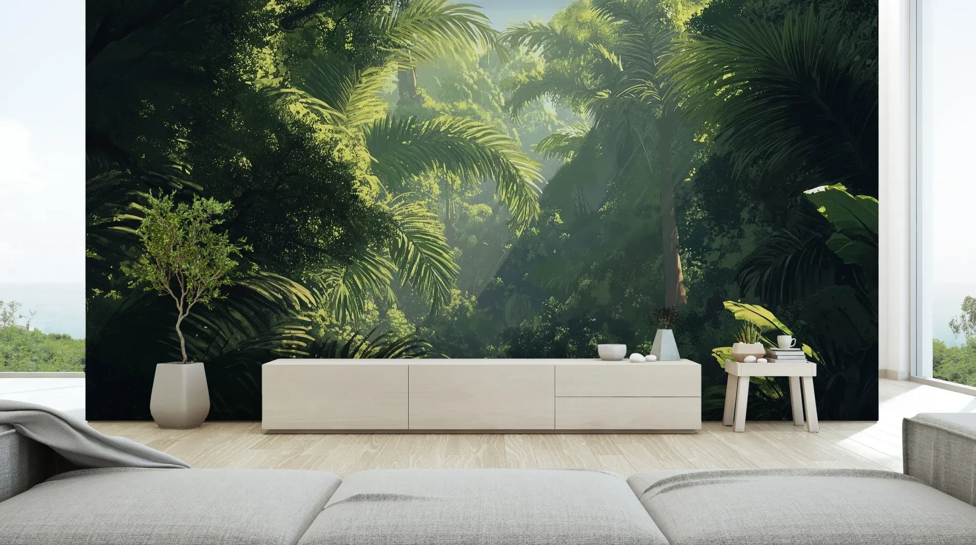 Wzór fototapety EMERALD SANCTUARY - tapeta z tropikalnym lasem w mistycznej poświacie pokazanej w aranżacji salonu.
