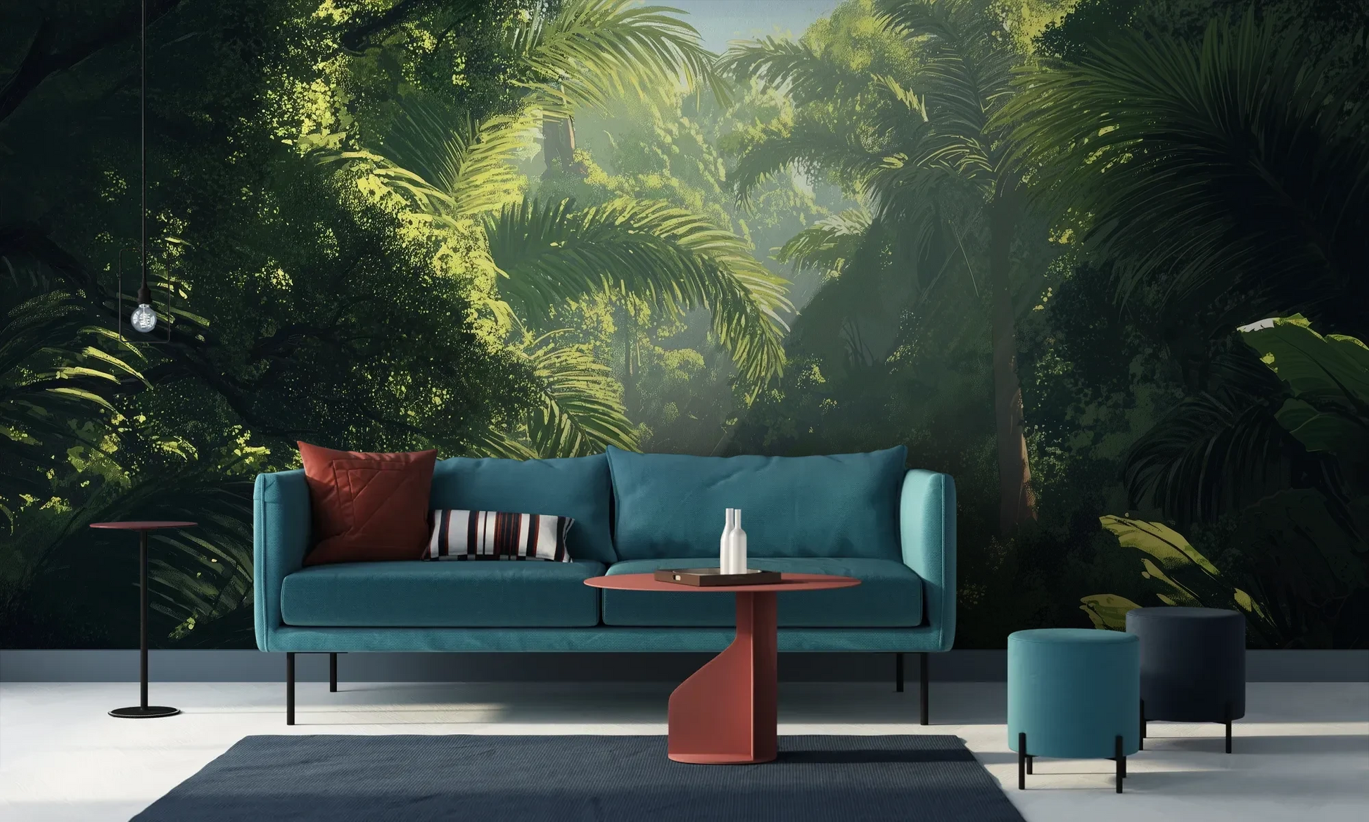 Wzór fototapety EMERALD SANCTUARY - tapeta z tropikalnym lasem w mistycznej poświacie pokazanej w aranżacji salonu.