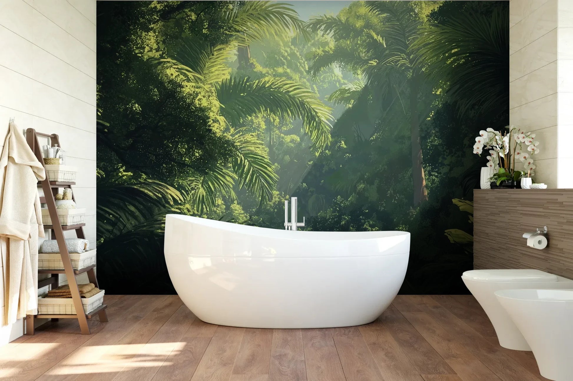 Wzór fototapety EMERALD SANCTUARY - tapeta z tropikalnym lasem w mistycznej poświacie pokazanej w aranżacji łazienki.