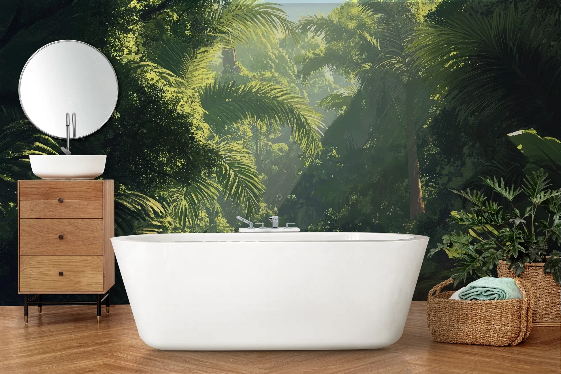 Wzór fototapety EMERALD SANCTUARY - tapeta z tropikalnym lasem w mistycznej poświacie pokazanej w aranżacji łazienki.