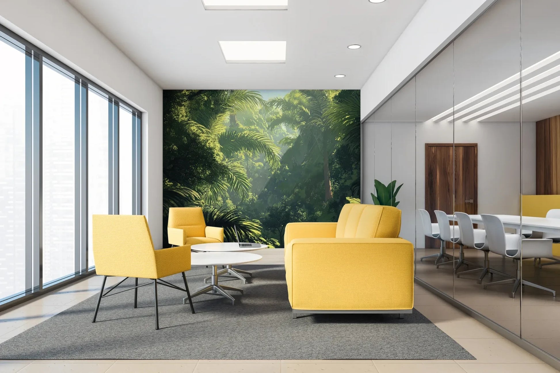 Fototapeta EMERALD SANCTUARY - tapeta z tropikalnym lasem w mistycznej poświacie w aranżacji wnętrza.