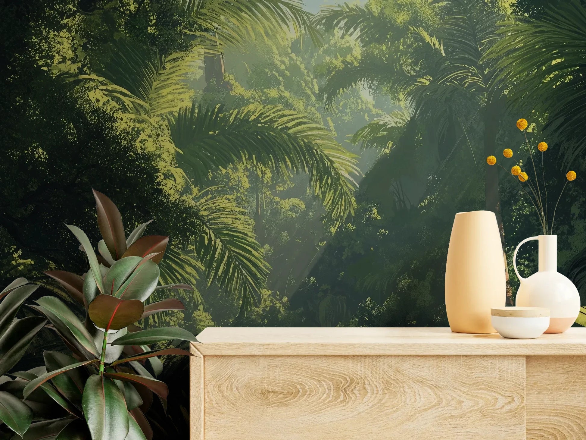 Fototapeta EMERALD SANCTUARY - tapeta z tropikalnym lasem w mistycznej poświacie pokazana w aranżacji wnętrza z akcentem na ścianie.