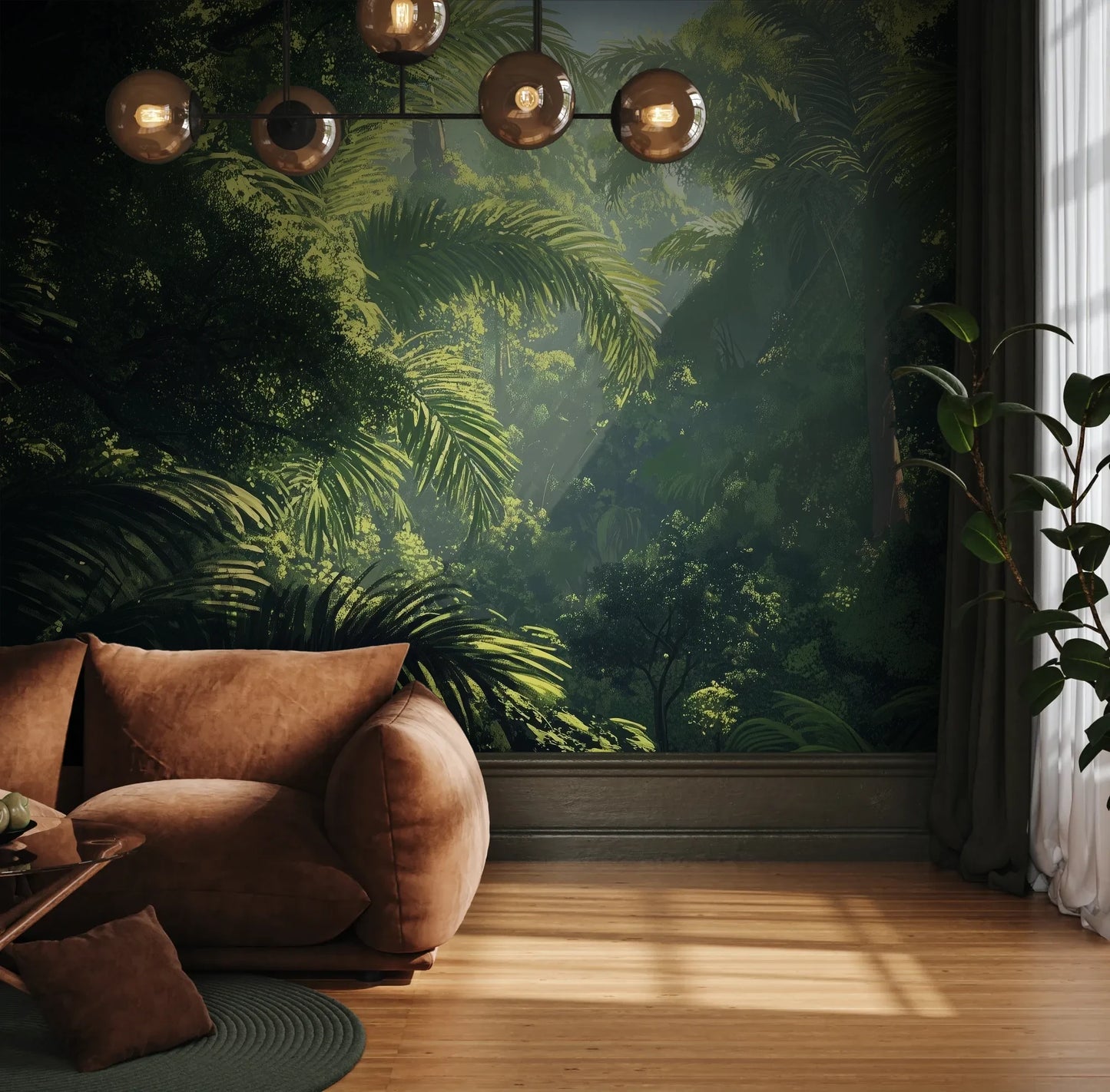 Fototapeta EMERALD SANCTUARY - tapeta z tropikalnym lasem w mistycznej poświacie pokazana w aranżacji wnętrza z akcentem na ścianie.