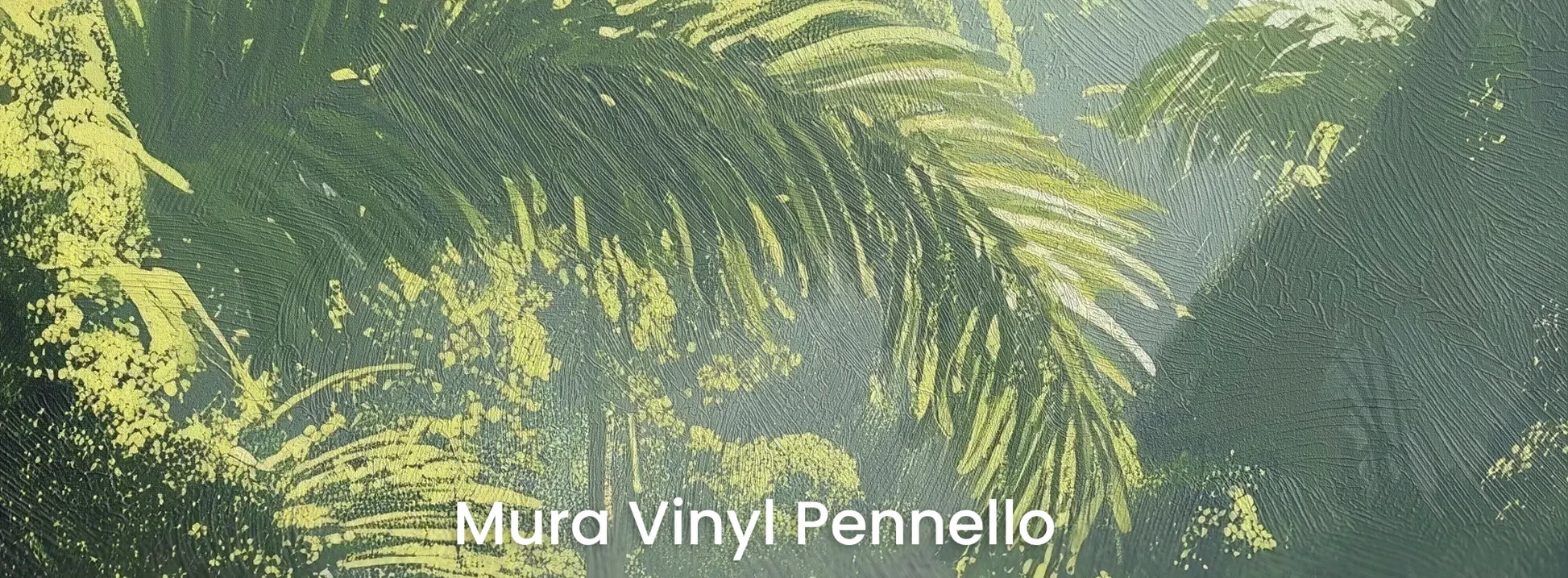 Zbliżenie na fototapetę EMERALD SANCTUARY - tapeta z tropikalnym lasem w mistycznej poświacie na podłożu o fakturze pociągnięć pędzla.