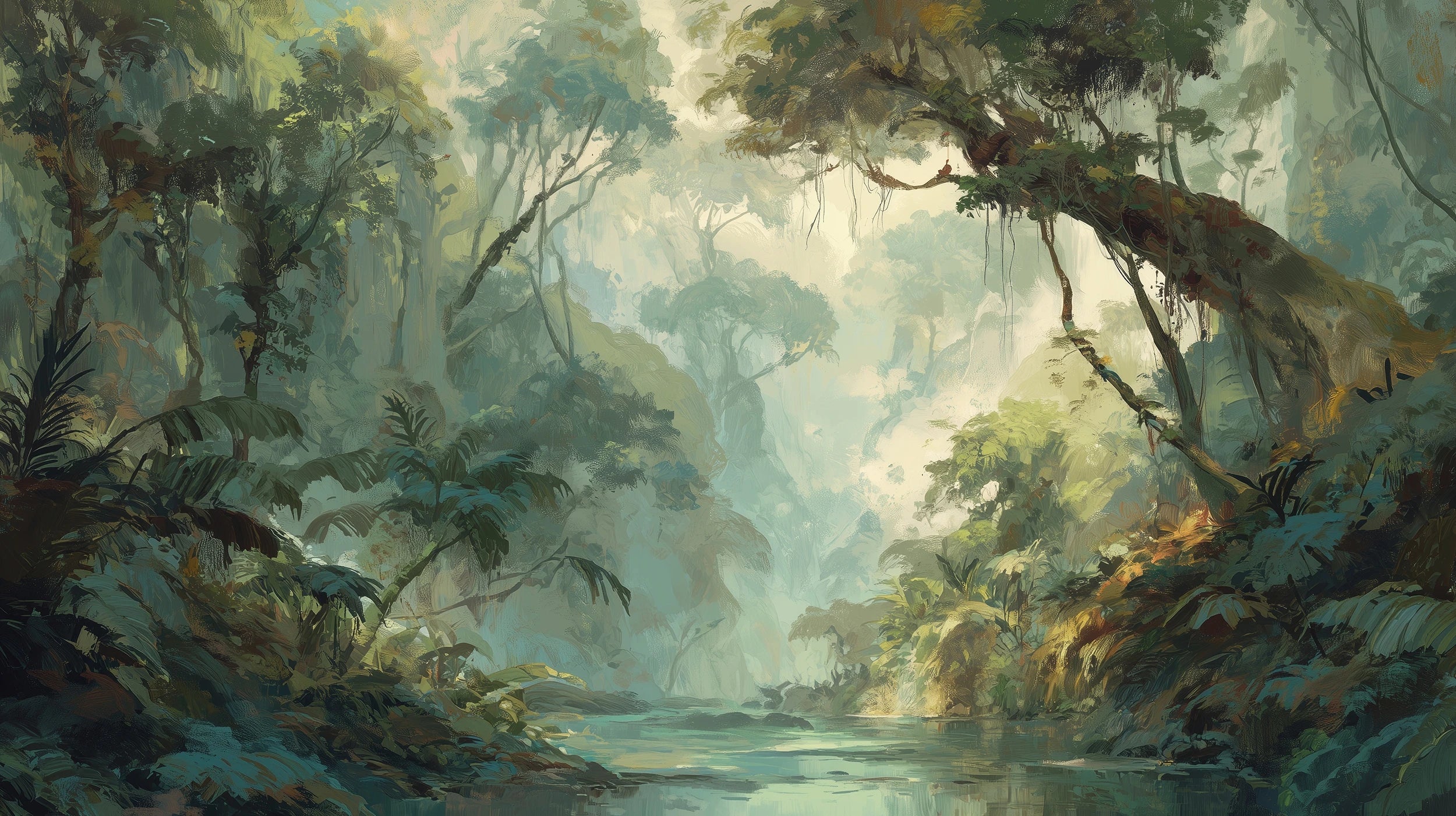 Podgląd wzoru: Prezentacja całego wzoru fototapety o nazwie MYSTIC RIVERLANDS - tapeta z mglistym krajobrazem leśnym