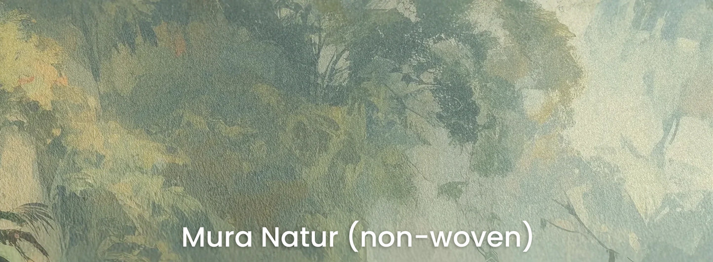 Zbliżenie na fototapetę MYSTIC BAYOU - tapeta z mglistą dżunglą o świcie na naturalnym podłożu ekologicznym.