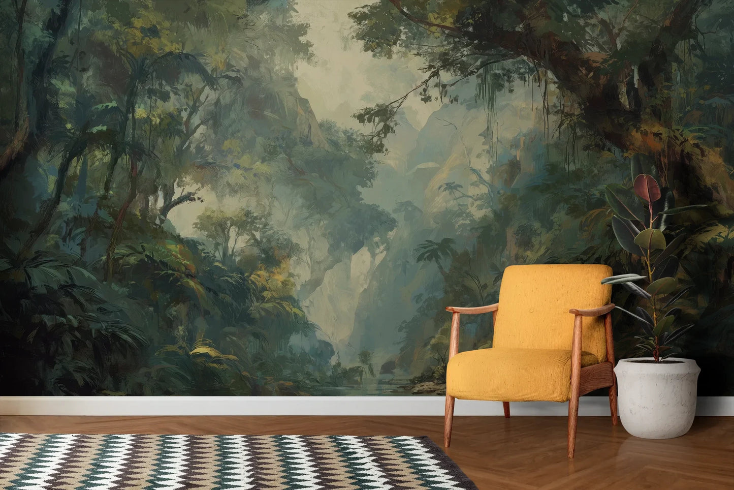 Wzór fototapety MYSTICAL RIVERBANK - tapeta z mglistym krajobrazem leśnym pokazanej w aranżacji salonu.