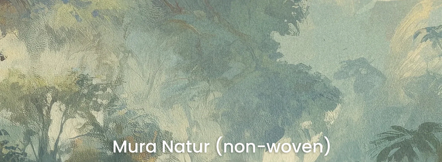 Zbliżenie na fototapetę MYSTICAL RIVERBANK - tapeta z mglistym krajobrazem leśnym na naturalnym podłożu ekologicznym.