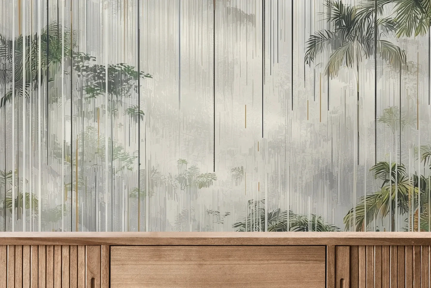 Fototapeta RAINFOREST LINES - tapeta z tropikalną mgłą i pionowymi liniami pokazana w aranżacji wnętrza z akcentem na ścianie.