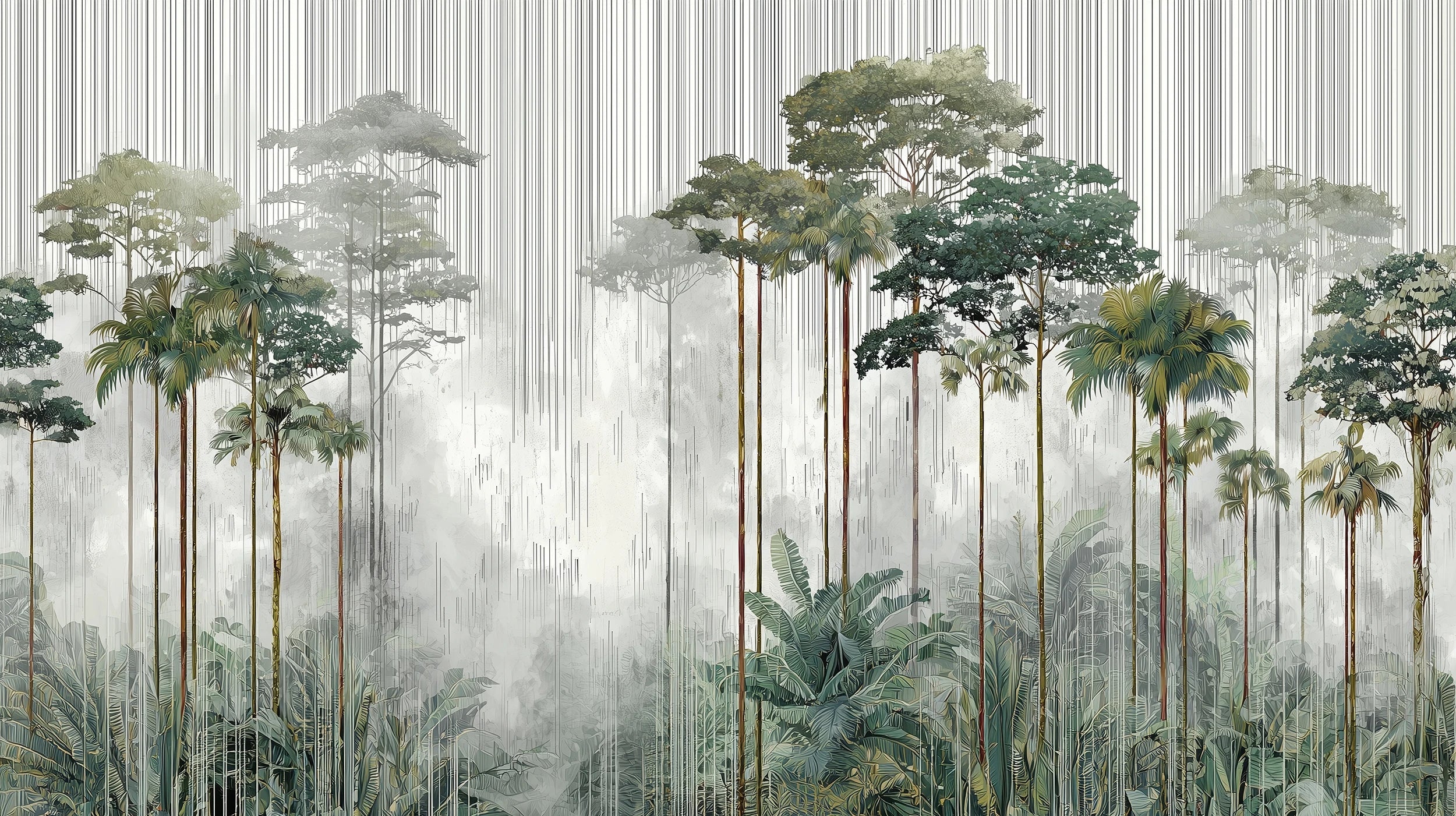 Podgląd wzoru: Prezentacja całego wzoru fototapety o nazwie RAINFOREST SYMPHONY - tapeta z leśnymi gigantami we mgle