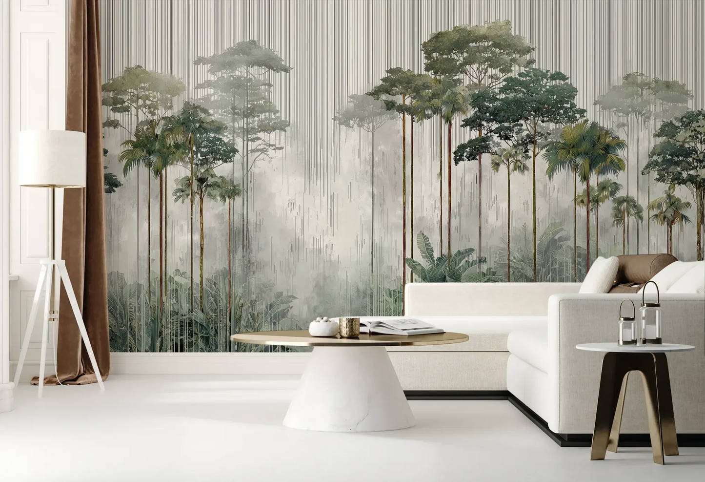 Wzór fototapety RAINFOREST SYMPHONY - tapeta z leśnymi gigantami we mgle pokazanej w aranżacji salonu.