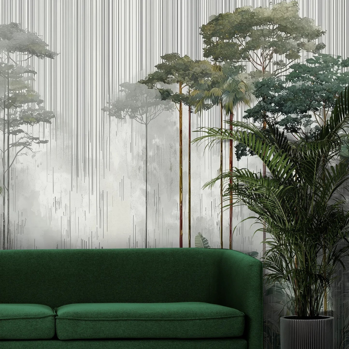 Fototapeta RAINFOREST SYMPHONY - tapeta z leśnymi gigantami we mgle pokazana w aranżacji wnętrza z akcentem na ścianie.