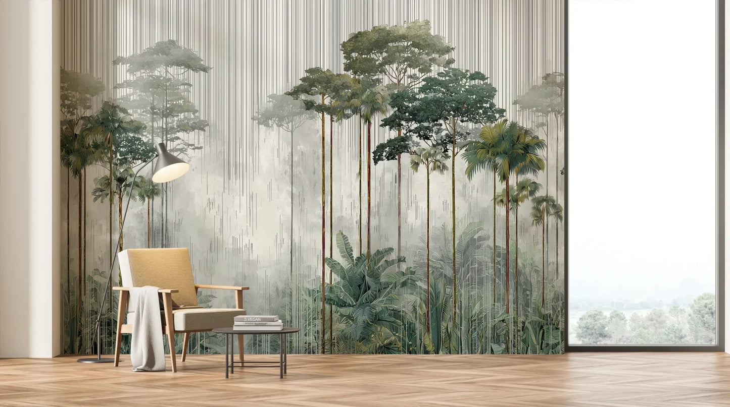 Wzór fototapety RAINFOREST SYMPHONY - tapeta z leśnymi gigantami we mgle pokazanej w aranżacji salonu.