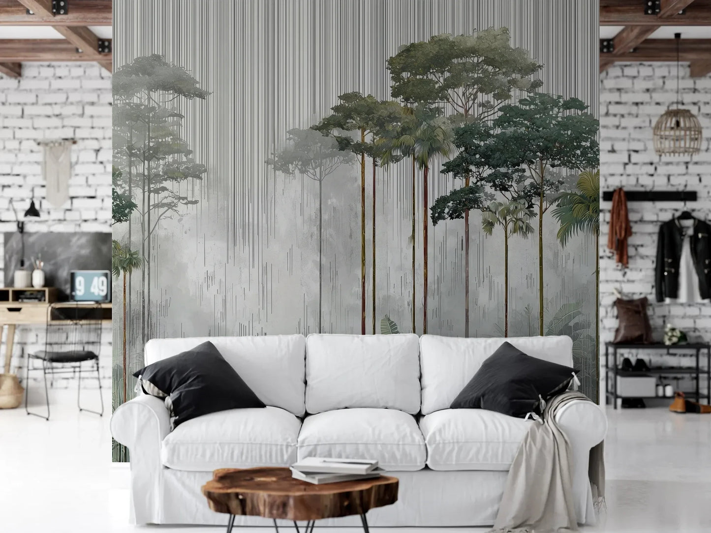 Wzór fototapety RAINFOREST SYMPHONY - tapeta z leśnymi gigantami we mgle pokazanej w aranżacji salonu.