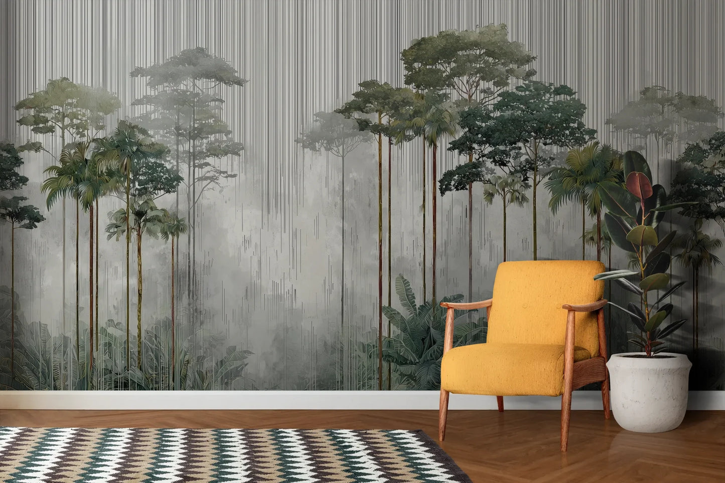 Wzór fototapety RAINFOREST SYMPHONY - tapeta z leśnymi gigantami we mgle pokazanej w aranżacji salonu.