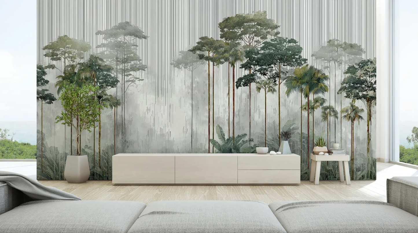 Wzór fototapety RAINFOREST SYMPHONY - tapeta z leśnymi gigantami we mgle pokazanej w aranżacji salonu.