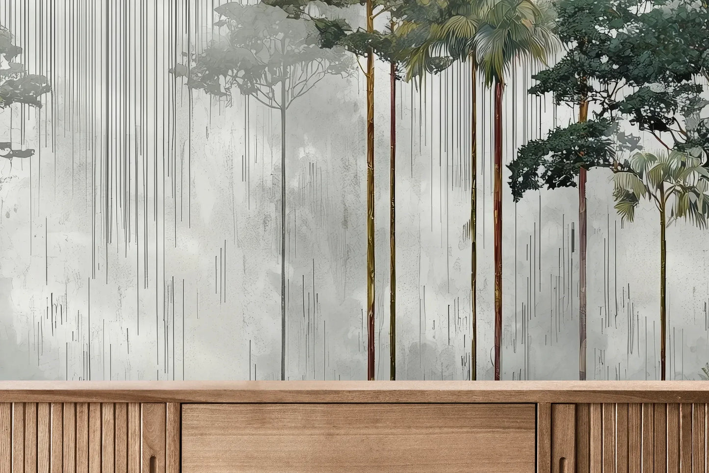 Fototapeta RAINFOREST SYMPHONY - tapeta z leśnymi gigantami we mgle pokazana w aranżacji wnętrza z akcentem na ścianie.