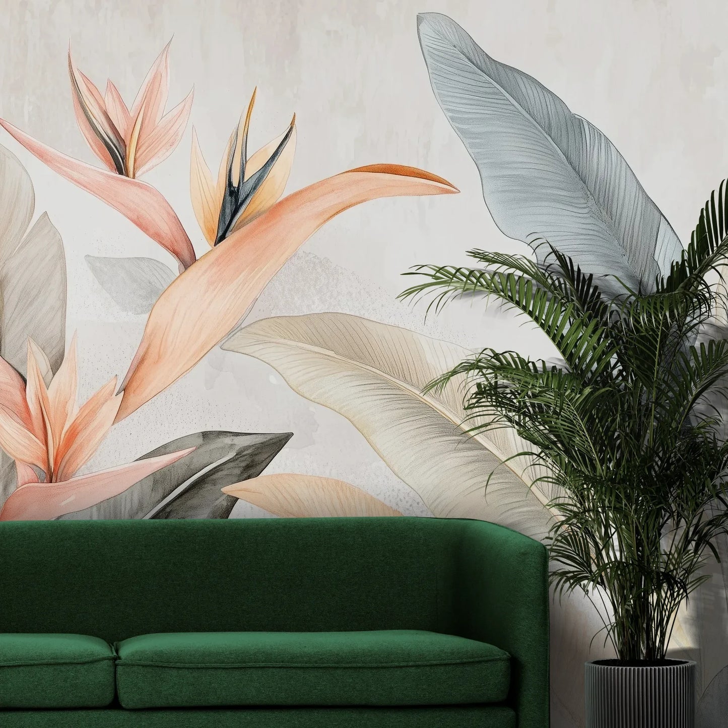 Fototapeta PARADISE BLOOM - tapeta z tropikalnymi kwiatami strelicji i liśćmi pokazana w aranżacji wnętrza z akcentem na ścianie.