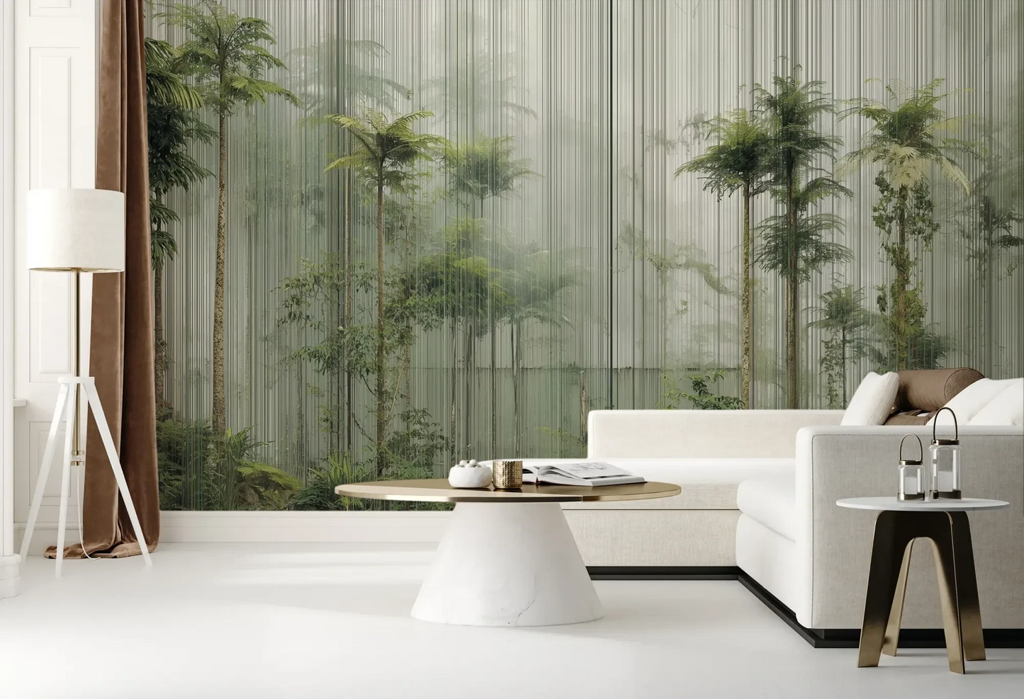 Wzór fototapety VERTICAL RAINFOREST - tapeta z tropikalnym lasem w pionowych liniach pokazanej w aranżacji salonu.