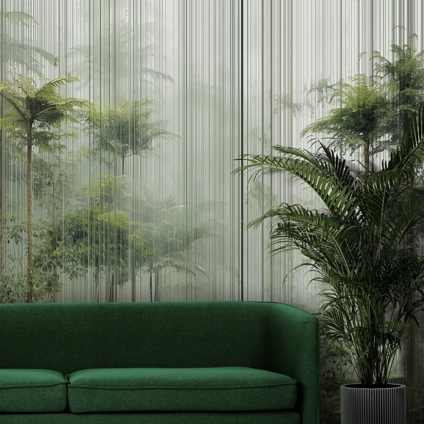 Fototapeta VERTICAL RAINFOREST - tapeta z tropikalnym lasem w pionowych liniach pokazana w aranżacji wnętrza z akcentem na ścianie.