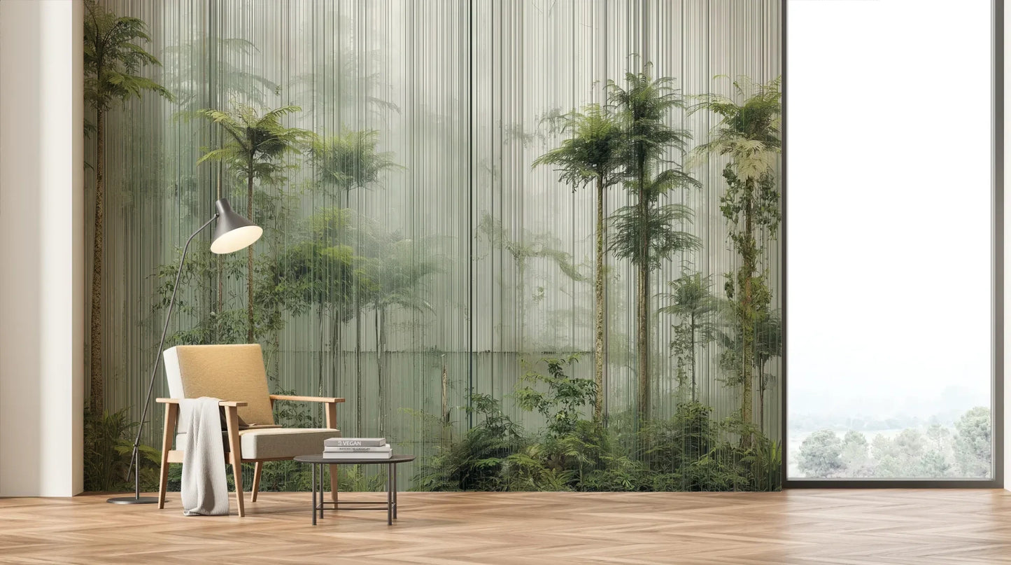 Wzór fototapety VERTICAL RAINFOREST - tapeta z tropikalnym lasem w pionowych liniach pokazanej w aranżacji salonu.