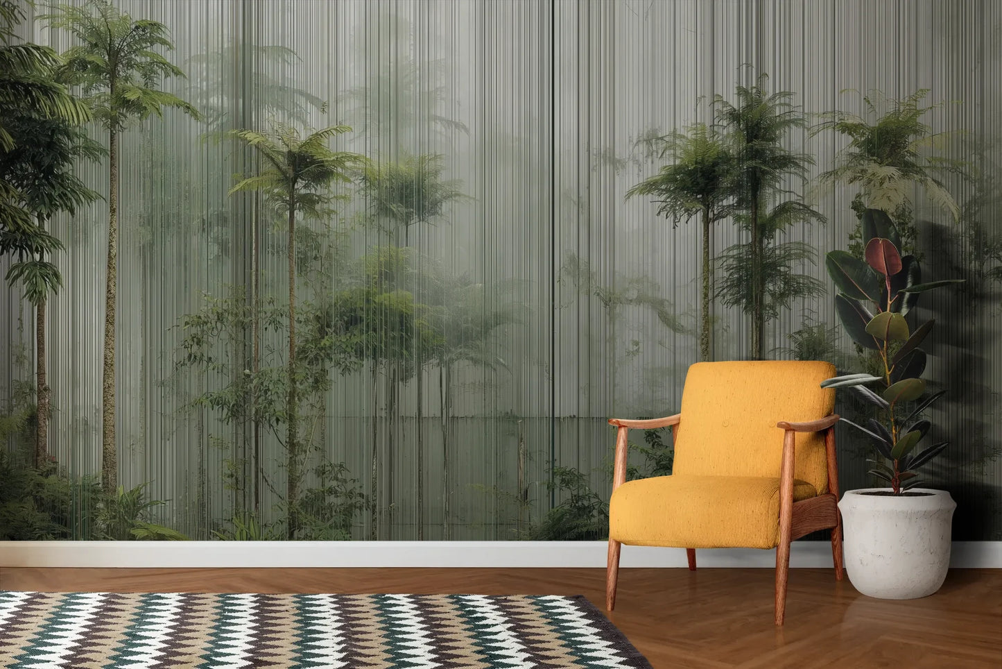 Wzór fototapety VERTICAL RAINFOREST - tapeta z tropikalnym lasem w pionowych liniach pokazanej w aranżacji salonu.